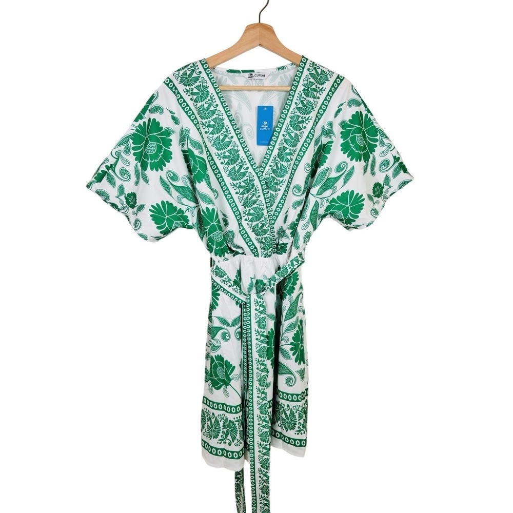 Cupshe Large Floral Green White‎ Beach Cover Up Mini Dress Short Sleeve - NWT
